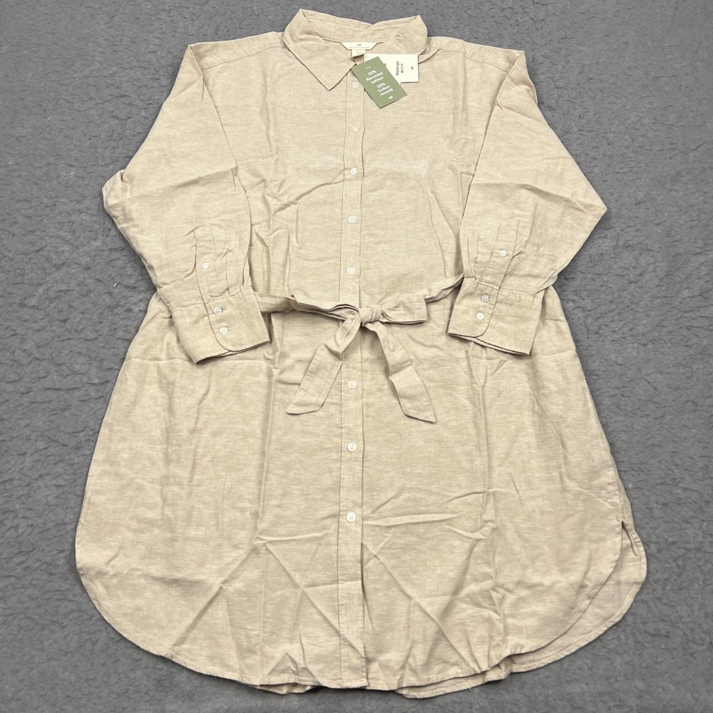 H&M Shirt Dress Women's XL Beige Linen Button Up Front Tie Long Sleeve Lagenlook